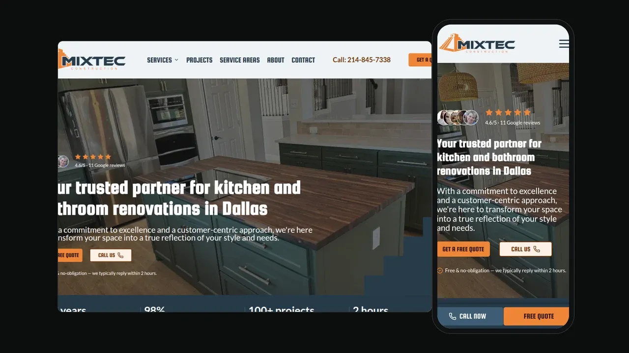 El sitio web de Mixtec Construction mostrado en una laptop y un teléfono: el titular Su socio de confianza para renovaciones de cocinas y baños en Dallas sobre una foto de una cocina remodelada con gabinetes verdes y una isla de bloque de carnicero.