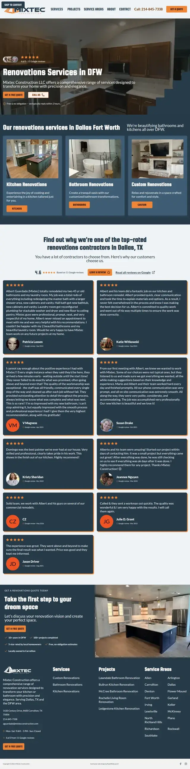 Página de servicios de Mixtec Construction titulada Servicios de Renovaciones en DFW con tarjetas para renovaciones de cocina, baño y personalizadas sobre reseñas de clientes y una calificación de 4.6 en Google.