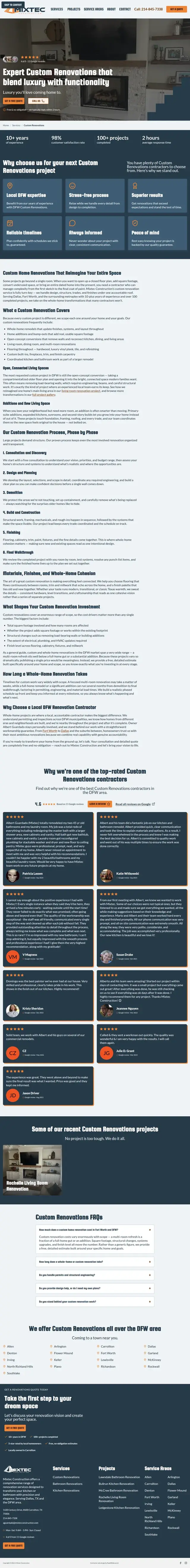 Página de renovaciones personalizadas de Mixtec Construction describiendo remodelaciones de toda la casa, conversiones a concepto abierto, adiciones y un proceso paso a paso con reseñas de clientes y preguntas frecuentes.