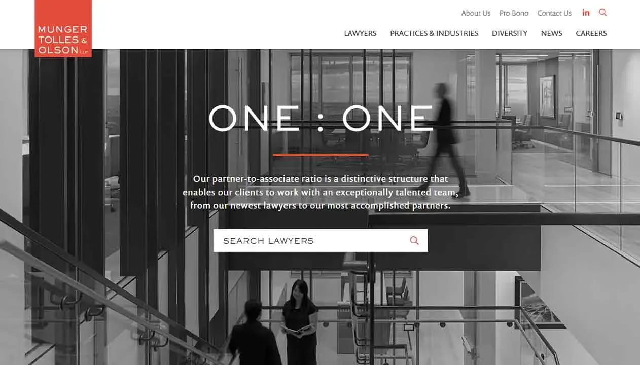 The image shows a modern office interior with glass walls, featuring the text "ONE : ONE" and a search bar for finding lawyers, underlining the firm's commitment to a unique partner-to-associate ratio.