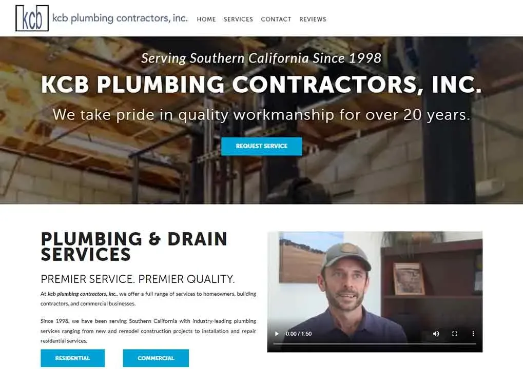 The homepage of a plumbing service website showcases a logo reading "KCB Plumbing Contractors, Inc." and highlights their 20+ years of expertise with a call-to-action button labeled "Request Service."