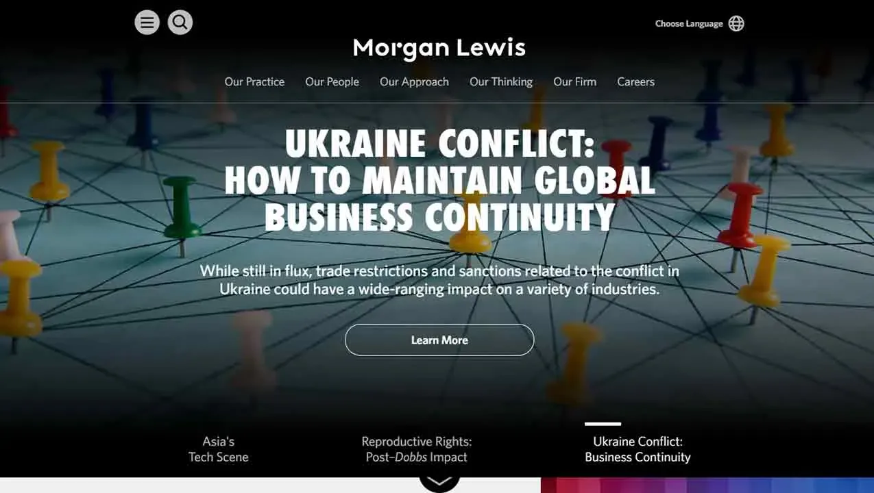 Colorful pushpins connected by strings on a map represent complex global networks and challenges related to the ongoing Ukraine conflict, emphasizing the theme of maintaining global business continuity amid trade restrictions and sanctions.