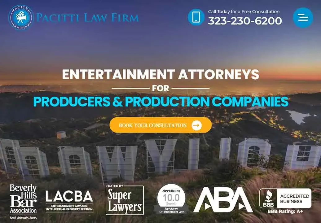 A law firm website banner features the Hollywood sign in the background, promoting entertainment attorneys for producers and production companies, with contact details and a "Book Your Consultation" button prominently displayed.