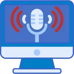 Un monitor de computadora azul muestra un ícono de un micrófono de estilo retro con ondas de sonido, simbolizando la grabación de audio digital o podcasting.
