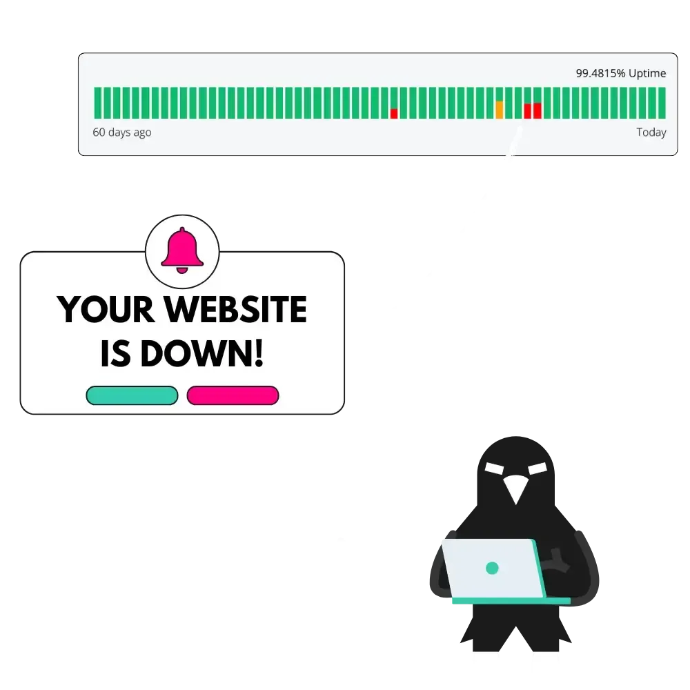Ilustración de un personaje con una computadora portátil; el texto dice "¡Su sitio web está caído!" con un icono de advertencia.