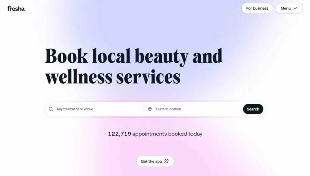 The image shows a website homepage with a gradient background featuring a search bar for booking local beauty and wellness services, displaying the message "122,719 appointments booked today" along with options for business access and app download.
