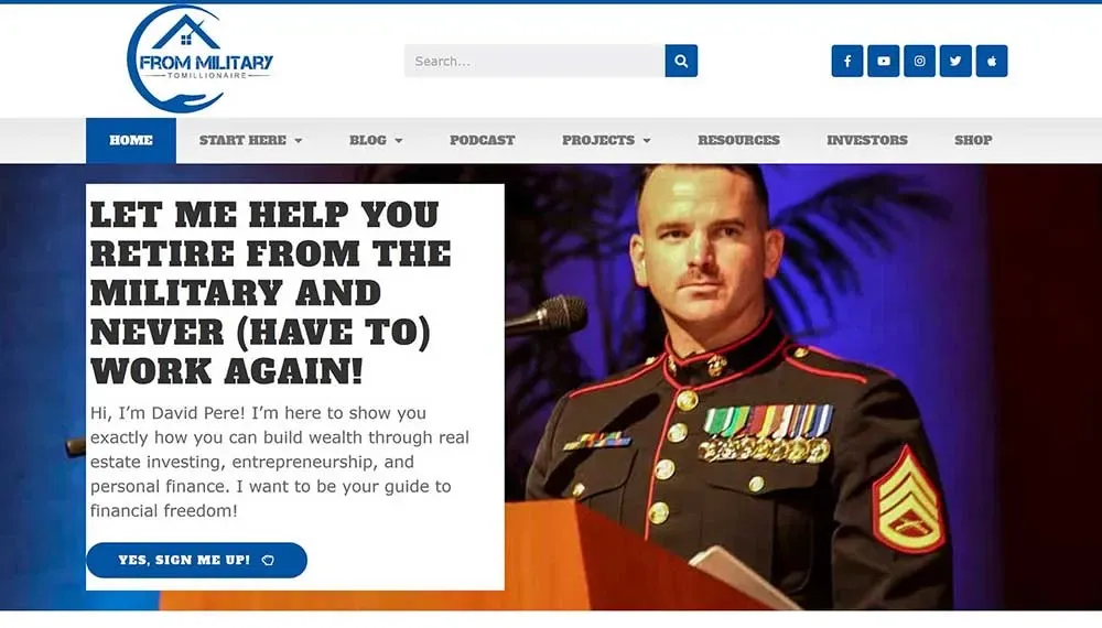 A military veteran in uniform stands beside a banner promoting financial freedom for military retirees through real estate investing and entrepreneurship, with a call-to-action button below.