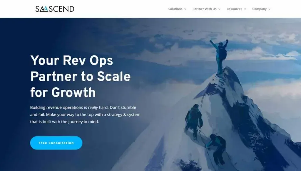 Three climbers make their way up a snow-covered mountain peak, emphasizing teamwork and persistence, under a clear blue sky, with an overlay of bold text offering a consultation to scale revenue operations growth.