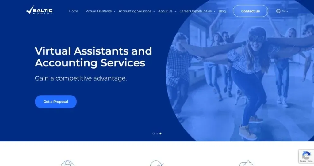 A group of people joyfully pose in an office setting, with one person wearing a blindfold and the others playfully following, set against a modern website interface for virtual assistants and accounting services, featuring call-to-action buttons and a blue color scheme.