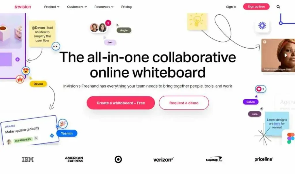 An online collaborative whiteboard interface featuring various user comments, design updates, and company logos, emphasizing team collaboration and idea sharing; prominent buttons invite users to create a whiteboard or request a demo.