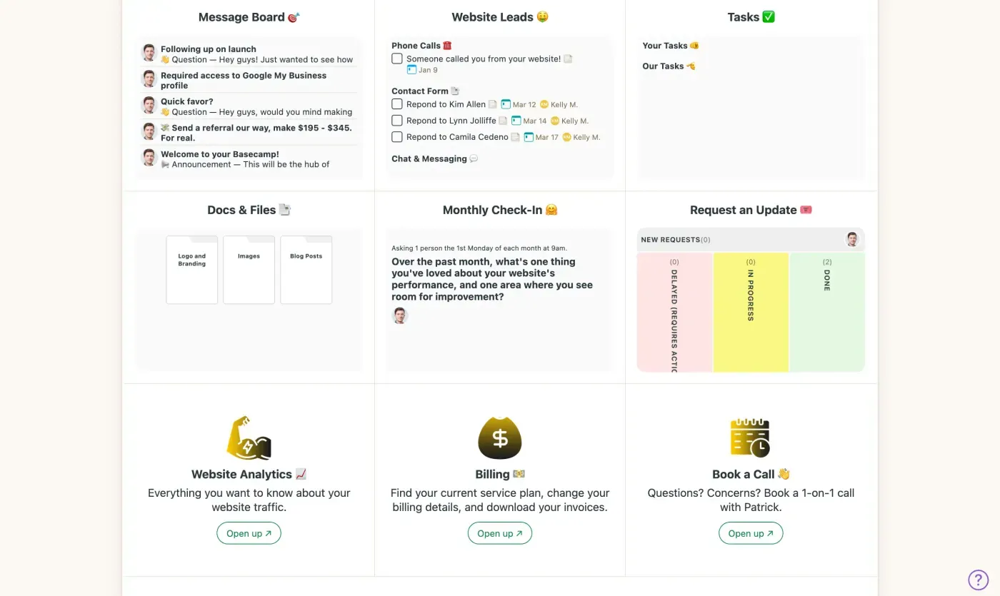 Screenshot of a digital dashboard displaying sections for message board updates, website leads, tasks, documents and files, monthly performance check-in, update requests, website analytics, billing information, and one-on-one booking, complete with icons and call-to-action buttons for engagement.