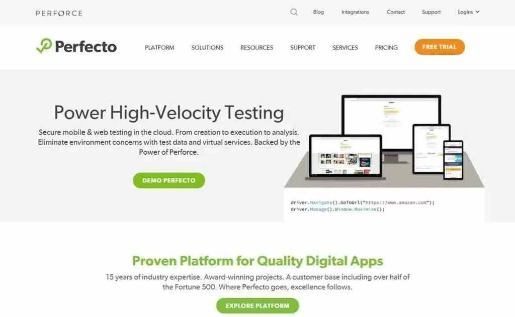 This image displays the Perfecto website homepage featuring a header with navigation options, a main section highlighting “Power High-Velocity Testing” with multiple device mockups, and a promotional area emphasizing its expertise in providing quality digital apps.