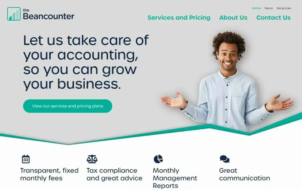 A cheerful individual gestures invitingly against a business-themed background, with text promoting accounting services that emphasize transparent fees, tax compliance, monthly reports, and great communication, under the brand "The Beancounter."