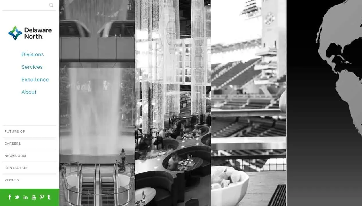 An architectural collage showcases a variety of structures: a sleek, modern building with a waterfall feature, a bustling restaurant with high ceilings on the inside, and a large yacht docked at a marina.