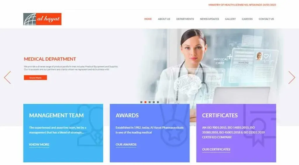 The webpage image features a medical professional standing in front of a futuristic digital interface displaying health data, prominently showcasing sections labeled "Medical Department," "Management Team," "Awards," and "Certificates" with vibrant colored boxes, reflecting a modern healthcare theme.