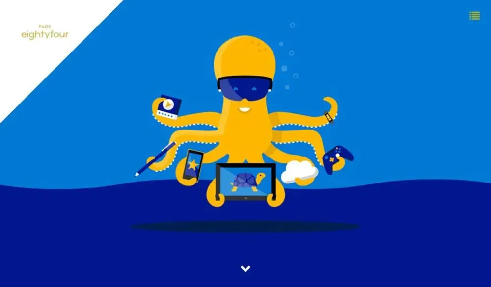 Página de inicio de Page Eightyfour con un pulpo amarillo haciendo malabares con dispositivos bajo el agua