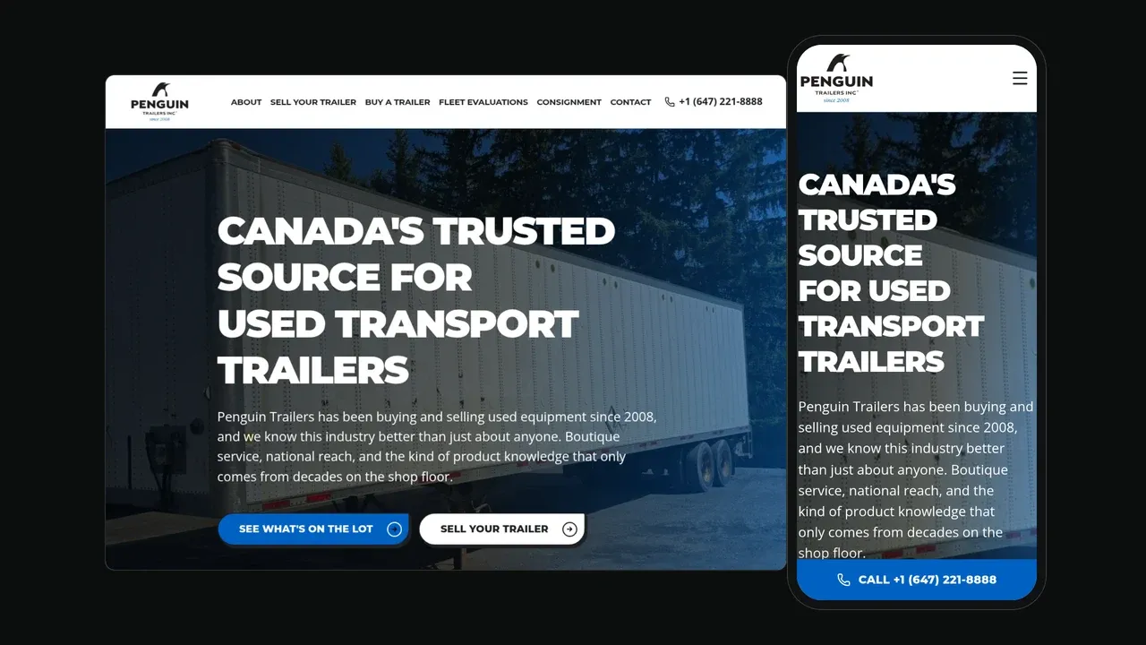 The Penguin Trailers website shown on a laptop and phone: a hero reading Canada's Trusted Source for Used Transport Trailers over a photo of a white trailer, with See What's On The Lot and Sell Your Trailer buttons.
