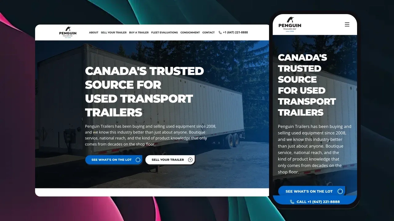 El sitio web de Penguin Trailers mostrado en una laptop y un teléfono: un encabezado que dice Canada's Trusted Source for Used Transport Trailers sobre una foto de un remolque blanco, con botones de See What's On The Lot y Sell Your Trailer.