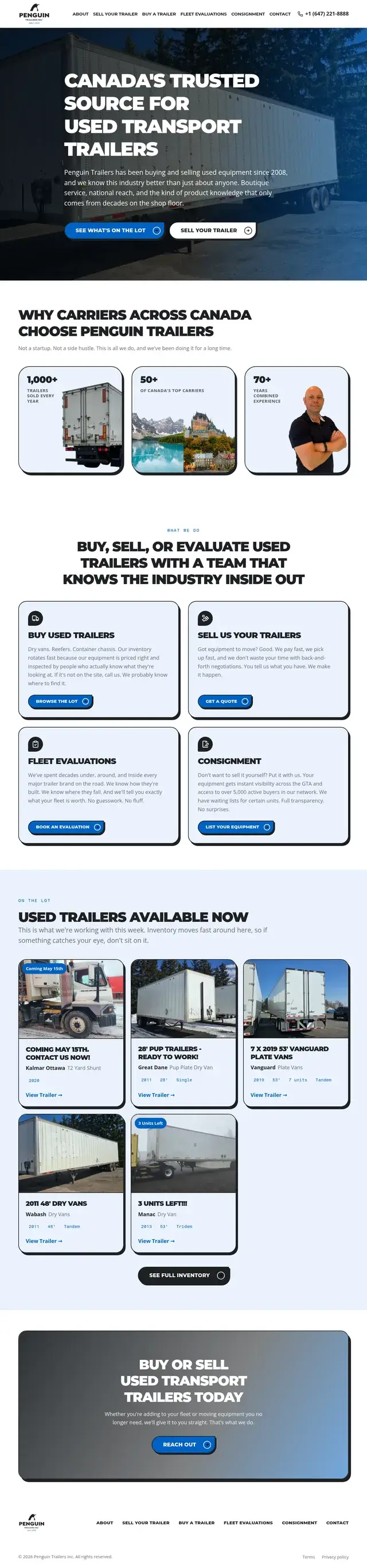 Página de inicio de Penguin Trailers con estadísticas como más de 1,000 remolques vendidos cada año, tarjetas para comprar, vender, evaluaciones de flota y consignación, y una cuadrícula de inventario de Used Trailers Available Now.
