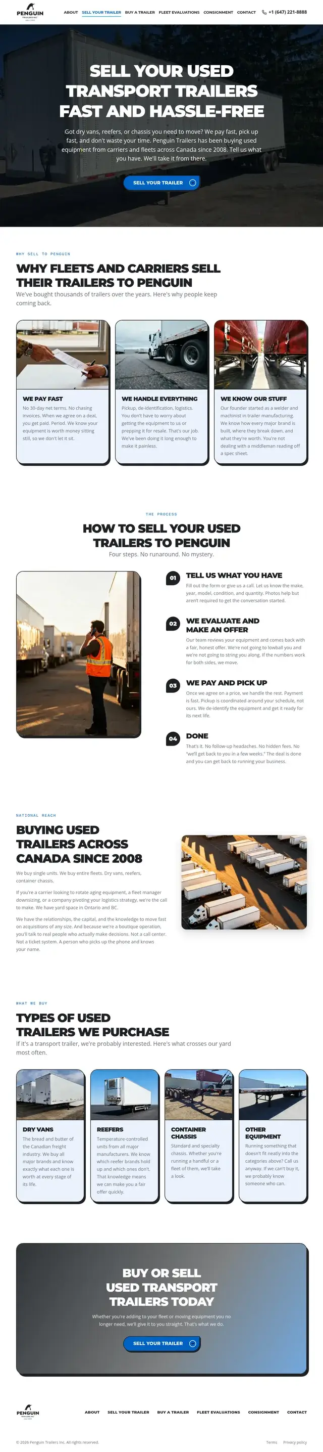 Página de venta de su remolque de Penguin Trailers que explica por qué las flotas venden a Penguin, un proceso de venta de cuatro pasos y los tipos de remolques usados que compran.