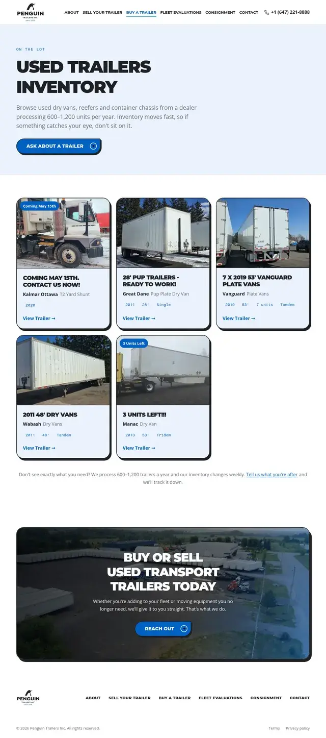 Página de inventario de remolques usados de Penguin Trailers que enumera unidades como remolques pup de 28', furgones de placa Vanguard y furgones secos de 48' con fotos y especificaciones.