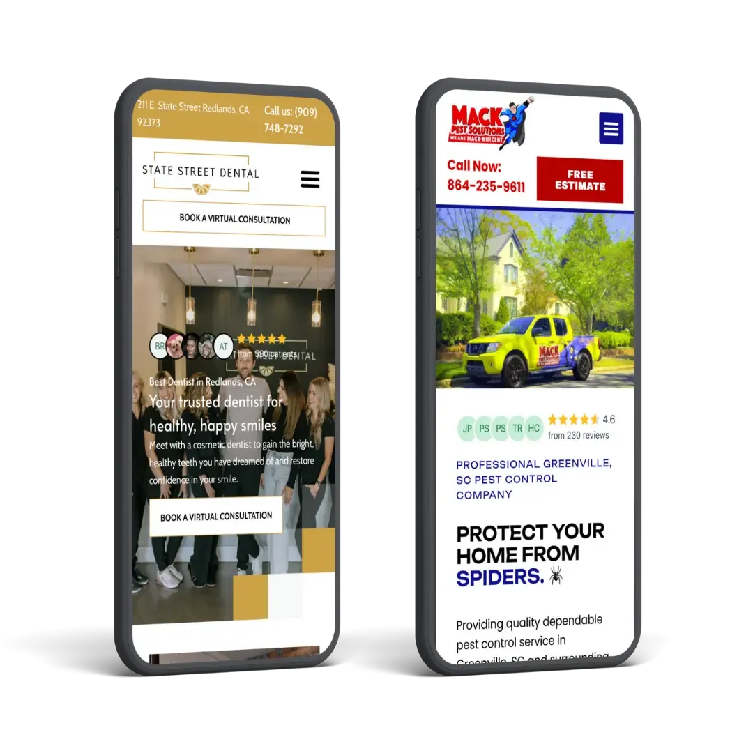 Two smartphones displaying websites built by RapidWebLaunch