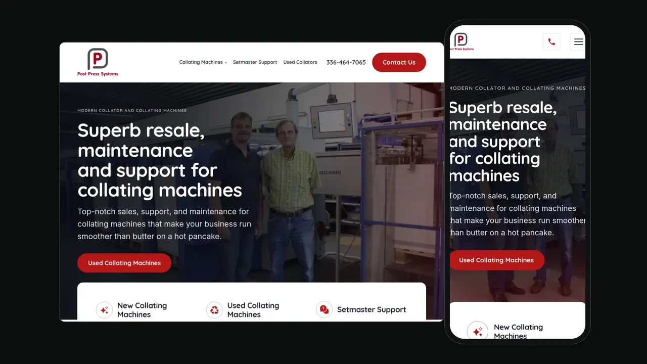 El sitio web de Post Press Systems mostrado en una laptop y un teléfono: un héroe que dice Excelente reventa, mantenimiento y soporte para máquinas de recolección con una foto de dos hombres junto a equipos industriales.
