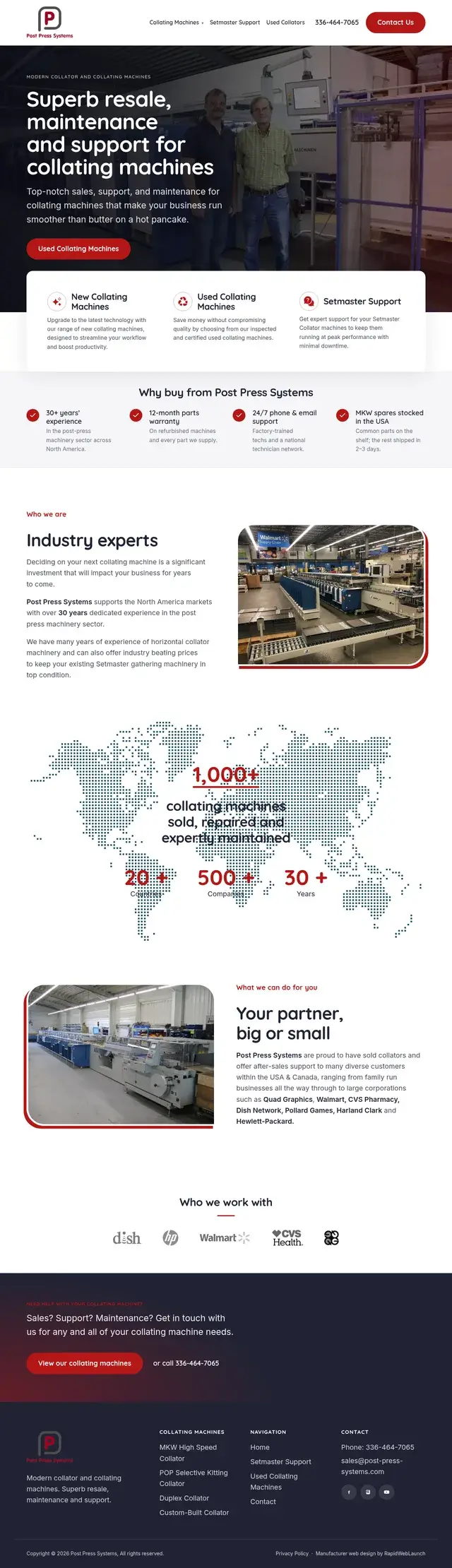 Página de inicio de Post Press Systems destacando más de 30 años de experiencia, un mapa mundial indicando más de 1,000 máquinas de recolección vendidas, y logotipos de clientes incluyendo Dish, HP, Walmart y CVS Health.