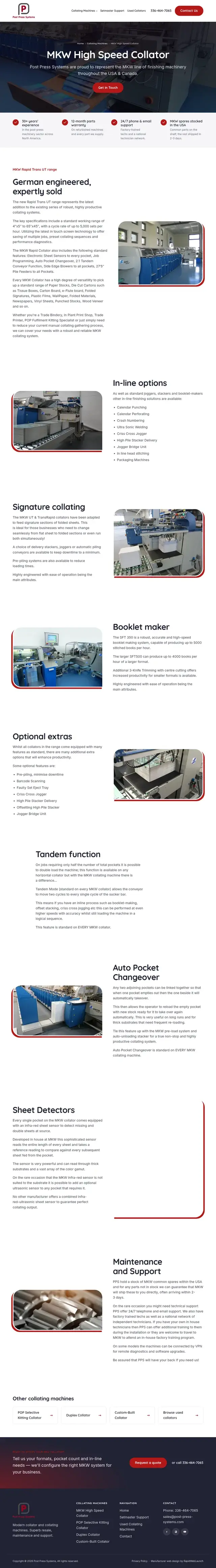 Página del recolector MKW High Speed de Post Press Systems describiendo la gama Rapid Trans UT de ingeniería alemana con secciones sobre opciones en línea, recolección de firmas y creación de folletos.