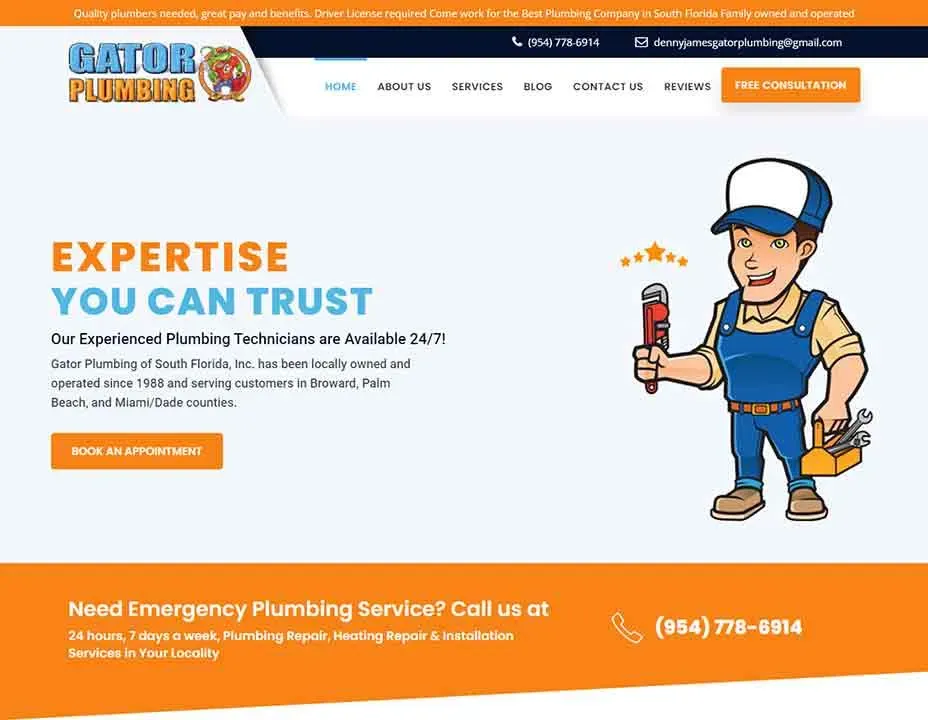 An illustration of a cheerful plumber in a blue uniform and cap holding a monkey wrench is featured on a plumbing service website, offering expertise and trustworthy service with a bright orange call-to-action section at the bottom for emergency plumbing services, including contact details and availability.
