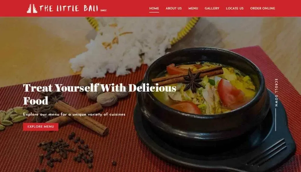 A steaming bowl of fragrant curry garnished with fresh tomatoes and star anise sits on a red mat, accompanied by a side of fluffy white rice and cinnamon sticks, under a restaurant banner that reads "The Little Bali" in white font against a red background.