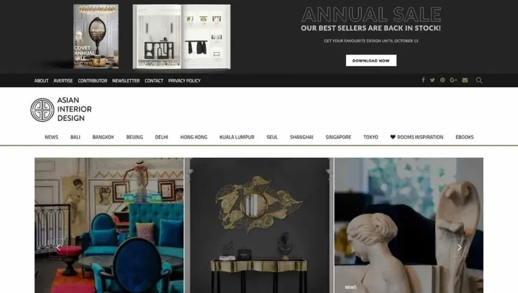 Homepage of Asian Interior Design website showcasing elegant furniture and decor with a central annual sale banner promoting best sellers and a download option available until October 15.
