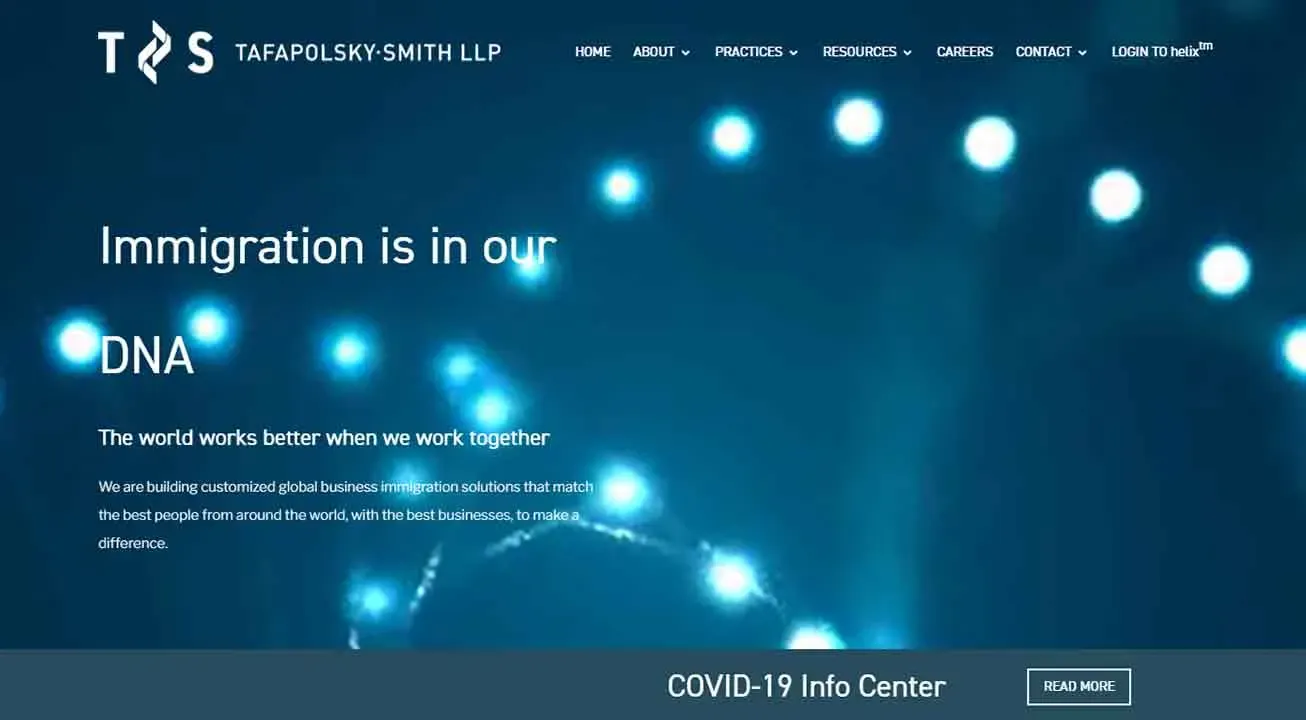 A website homepage displaying the Tafapolsky-Smith LLP logo with a tagline "Immigration is in our DNA" against a background of interconnected glowing nodes, offering navigation links for services, resources, and COVID-19 info.