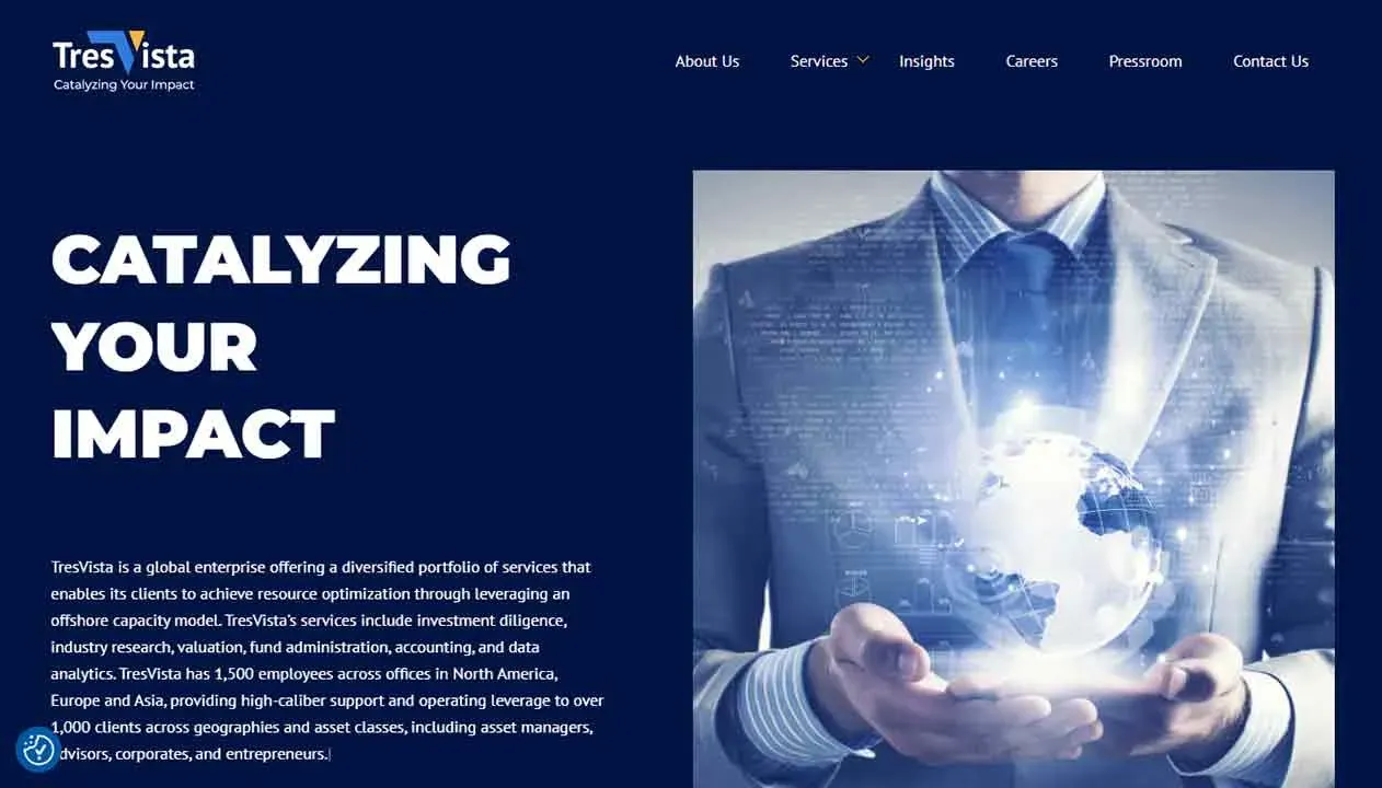 A person in a business suit holds a holographic globe in both hands, symbolizing global business impact and innovation, against a backdrop featuring the text "Catalyzing Your Impact" on a blue background with services and insights listed in a header.