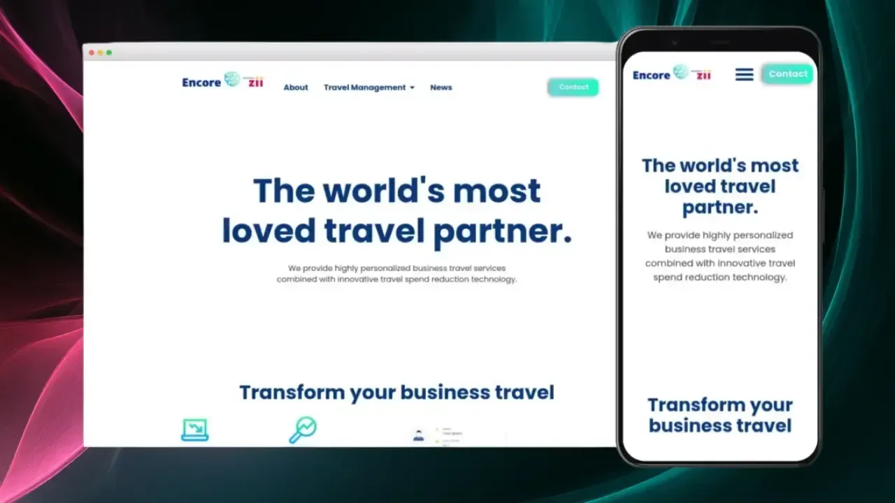 A desktop and mobile screen display a travel website homepage with the tagline "The world's most loved travel partner," featuring a minimalist design with text emphasizing personalized business travel services.