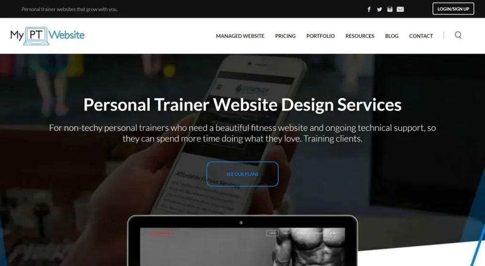 Página de inicio de My PT Website promocionando servicios de diseño web para entrenadores personales