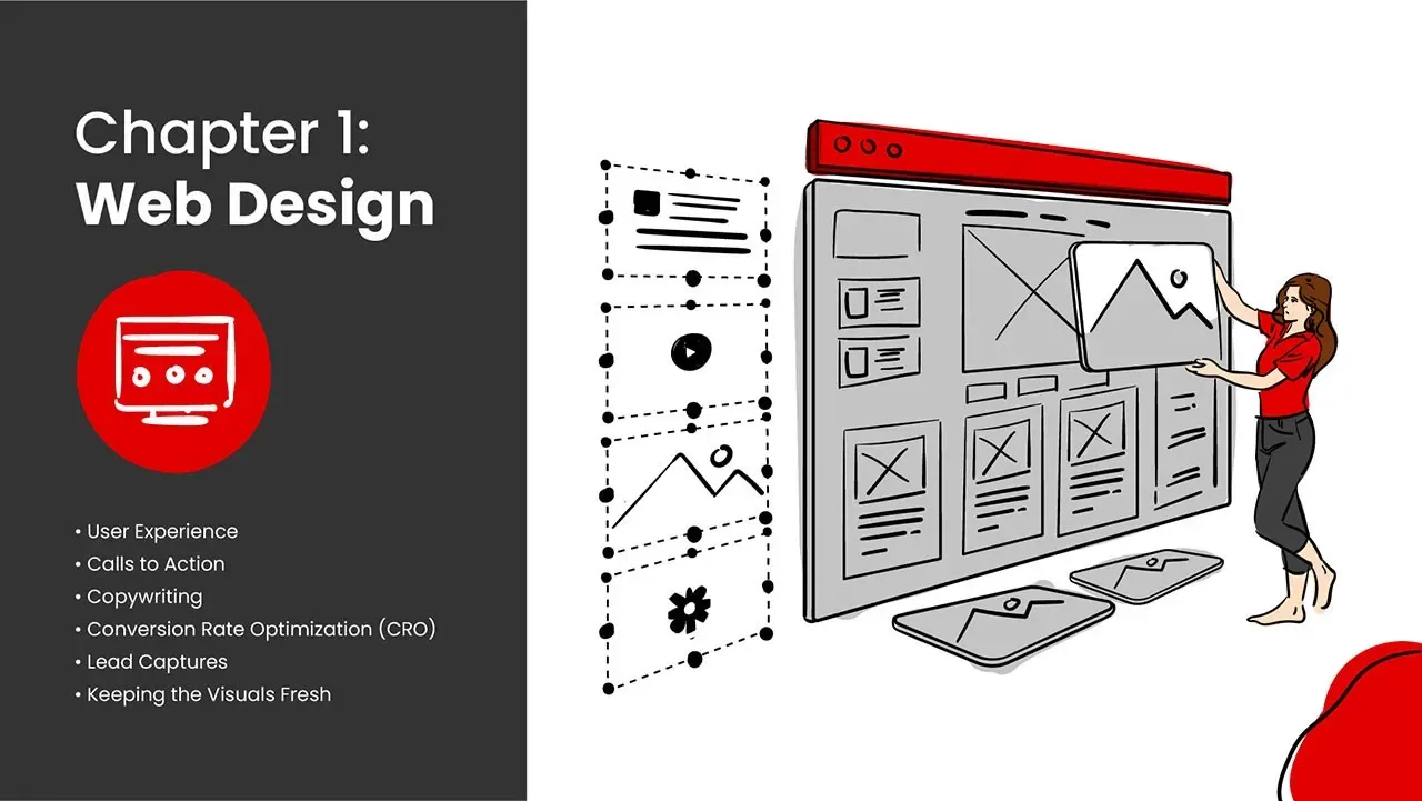 Capítulo 1 Banner de Diseño Web: mujer organizando bloques de contenido en un diseño de sitio web grande