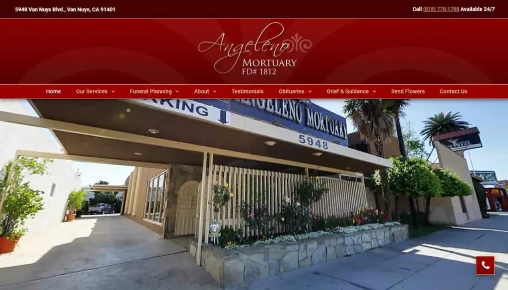 The image shows the exterior of Angeleno Mortuary, featuring a modern entrance with the address 5948 clearly visible, surrounded by palm trees and under a blue sky in Van Nuys, CA.