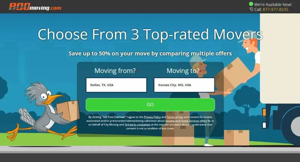 The image is a promotional graphic for a moving company, featuring a cartoon bird carrying boxes and a form for selecting moving locations, with text that reads "Choose From 3 Top-rated Movers," encouraging users to compare offers for savings.