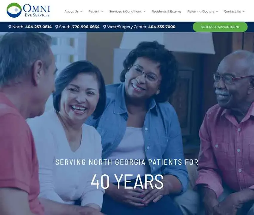 A diverse group of older adults joyfully converse in a welcoming medical office setting, promoting Omni Eye Services' dedication to serving North Georgia patients for 40 years, highlighted against a backdrop of contact information and appointment scheduling options.
