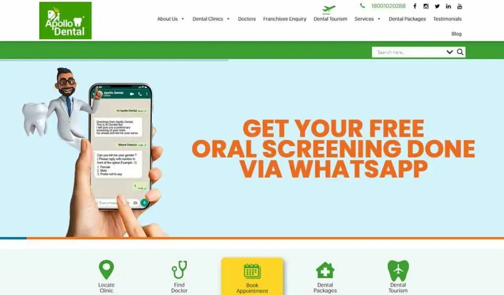 A dental website homepage promoting a free oral screening via WhatsApp, featuring a cartoon dentist character and contact details for appointment booking.