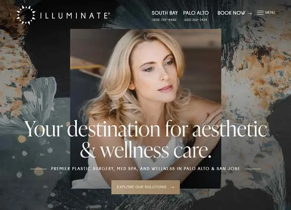 A serene woman with blonde hair gazes thoughtfully upward, set against an abstract, dusky backdrop, with text overlay promoting aesthetic and wellness care services.