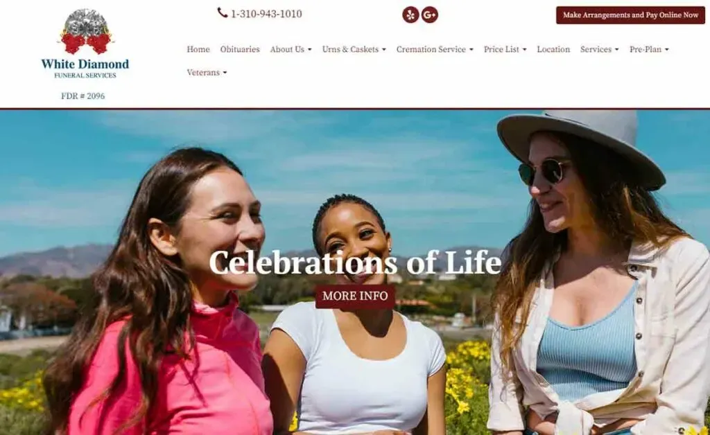 Three women smiling and standing in a sunny, outdoor field with mountains in the background, featured on the homepage banner for White Diamond Funeral Services, conveying warmth and celebration of life.