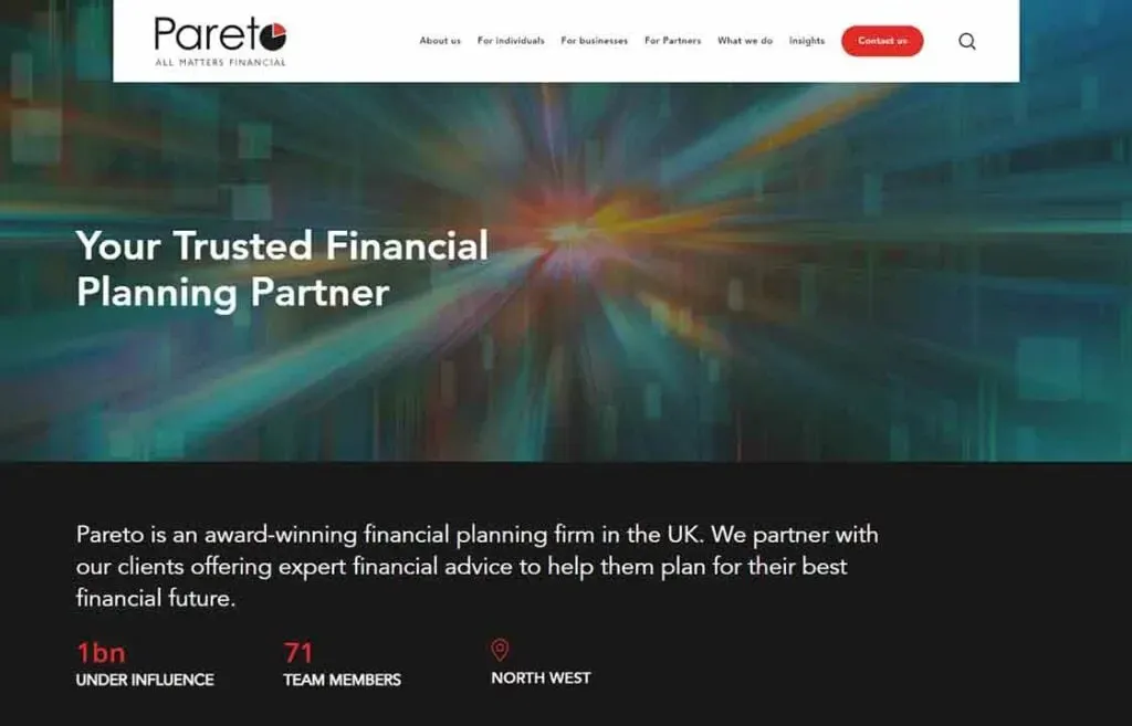 The image showcases the homepage of a financial planning firm's website, featuring a dynamic abstract background with the text "Your Trusted Financial Planning Partner" and emphasizing services like expert financial advice.