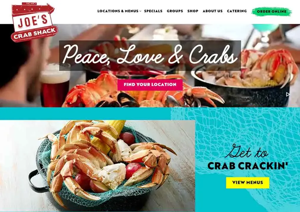 A seafood restaurant website homepage displaying a dining scene with a boiling pot of crabs accompanied by a pint of beer on the table, along with promotional text inviting visitors to explore locations and menu options.
