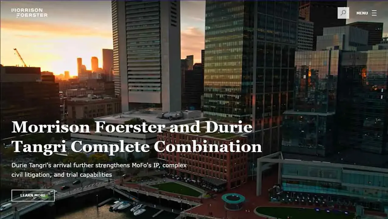 Sunset view of a bustling city skyline with modern skyscrapers reflecting warm, orange hues over a waterfront, highlighting Morrison Foerster and Durie Tangri's combination, emphasizing complex civil litigation and trial capabilities.