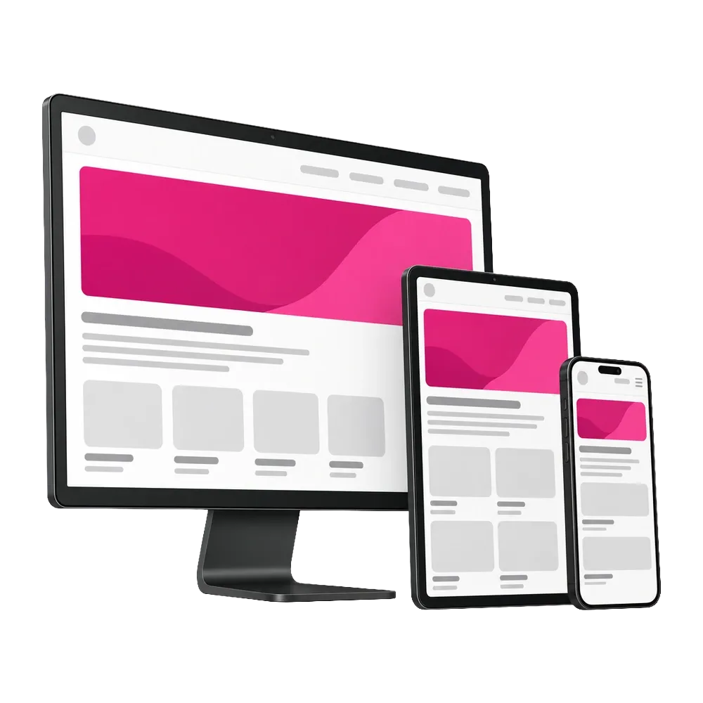 El mismo sitio web mostrado en un monitor de escritorio, una tableta y un teléfono.