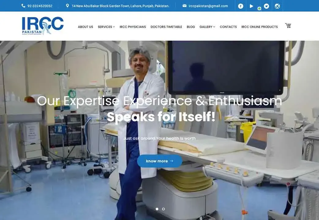 A confident medical professional in a white coat stands in a modern, high-tech hospital room with advanced medical equipment, embodying the expertise and care provided at IRCC Pakistan.