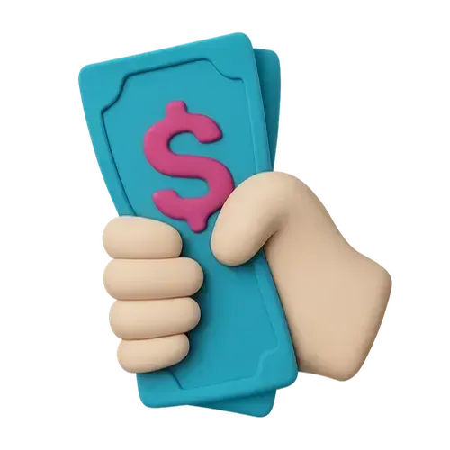 A 3D cartoon hand tightly grips a blue stack of folded cash adorned with a pink dollar symbol, emphasizing financial themes and money concepts.