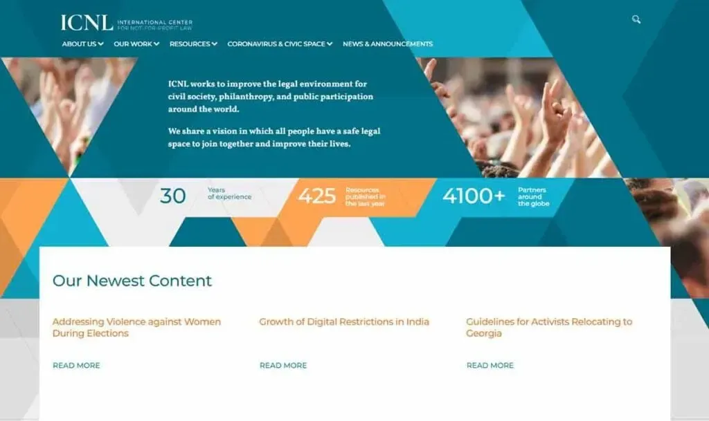 The homepage of the International Center for Not-for-Profit Law features a geometric design with information panels highlighting their mission to improve the legal environment for civil society, along with statistics showing their global impact and latest content offerings.